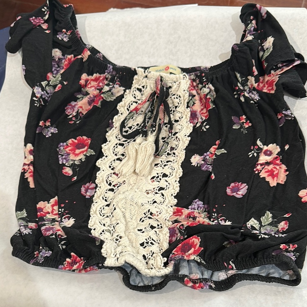 Floral Black Top with Lace Detail
